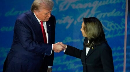 Republican presidential nominee former President Donald Trump and Democratic presidential nominee Vice President Kamala Harris shake hands before the start of an ABC News presidential debate at the National Constitution Center, Tuesday, Sept. 10, 2024, in Philadelphia. (AP Photo/Alex Brandon)