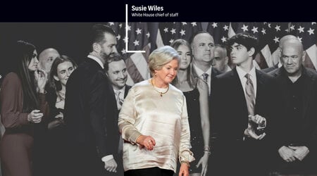 A crew of longtime friends, aides and new allies join Donald Trump on stage during an election night watch party. Trump has named Susie Wiles as his next chief of staff, the first woman to hold the job. (AP Photo/Alex Brandon; AP Illustration by Alex Connor)