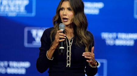 FILE - South Dakota Gov. Kristi Noem speaks before Republican presidential nominee former President Donald Trump at a campaign town hall, Oct. 14, 2024, in Oaks, Pa. (AP Photo/Matt Rourke, File)