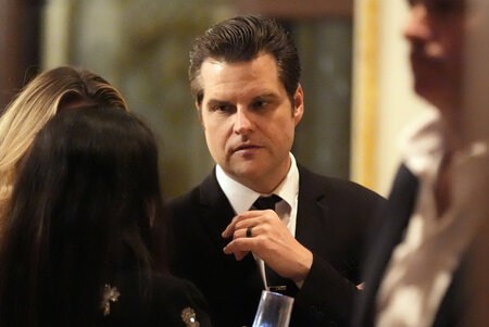 Matt Gaetz arrives before President-elect Donald Trump speaks during an America First Policy Institute gala at his Mar-a-Lago estate, Thursday, Nov. 14, 2024, in Palm Beach, Fla. (AP Photo/Alex Brandon)