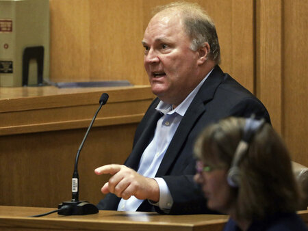 FILE - Former Wisconsin Supreme Court Justice Michael Gableman, an investigator hired by Republicans to look into former President Donald Trump's 2020 loss in the battleground state, takes the stand and refuses to answer questions from Circuit Court Judge Frank Remington, June 10, 2022, in Madison, Wis. (Amber Arnold/Wisconsin State Journal via AP, File)