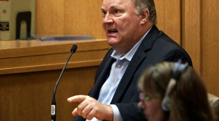 FILE - Former Wisconsin Supreme Court Justice Michael Gableman, an investigator hired by Republicans to look into former President Donald Trump's 2020 loss in the battleground state, takes the stand and refuses to answer questions from Circuit Court Judge Frank Remington, June 10, 2022, in Madison, Wis. (Amber Arnold/Wisconsin State Journal via AP, File)