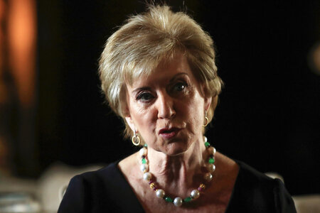 FILE - Small Business Administration Administrator Linda McMahon speaks during a news conference with President Donald Trump in Trump's Mar-a-Lago estate in Palm Beach, Fla., March 29, 2019. (AP Photo/Manuel Balce Ceneta, File)