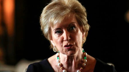 FILE - Small Business Administration Administrator Linda McMahon speaks during a news conference with President Donald Trump in Trump's Mar-a-Lago estate in Palm Beach, Fla., March 29, 2019. (AP Photo/Manuel Balce Ceneta, File)