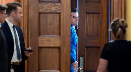 President-elect Donald Trump's nominee to be attorney general, former Rep. Matt Gaetz, R-Fla., closes a door to a private meeting with Vice President-elect JD Vance and Republican Senate Judiciary Committee members, at the Capitol in Washington, Wednesday, Nov. 20, 2024. (AP Photo/J. Scott Applewhite)