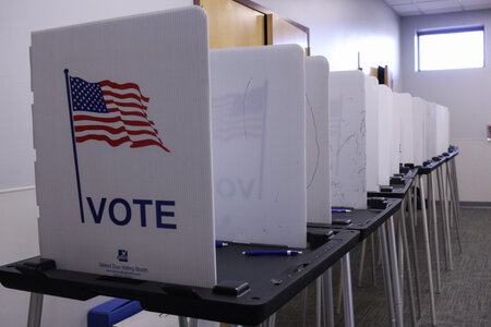 Voting carrels set up at Madison’s Hawthorne Library on Election Day 2022. (Henry Redman | Wisconsin Examiner)