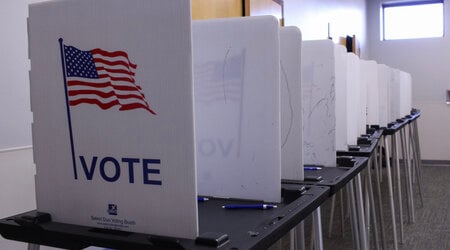 Voting carrels set up at Madison’s Hawthorne Library on Election Day 2022. (Henry Redman | Wisconsin Examiner)