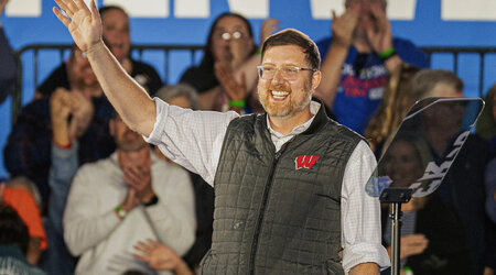 FILE - Ben Wikler, chair of the Democratic Party of Wisconsin, waves to the crowd at a campaign event, Nov. 1, 2024, in Little Chute, Wis. (AP Photo/Andy Manis, File)