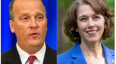 FILE - This combination of file photos shows former Republican attorney general Brad Schimel and Susan Crawford. (AP Photo/Susan Crawford for Wisconsin, File)