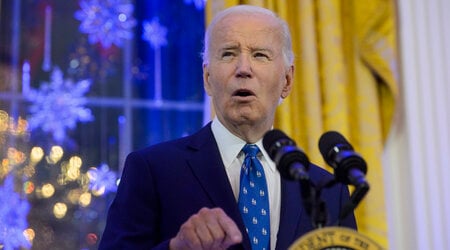 FILE - President Joe Biden speaks during a Hanukkah reception in the East Room of the White House in Washington, Monday, Dec. 16, 2024. (AP Photo/Rod Lamkey, Jr., File)