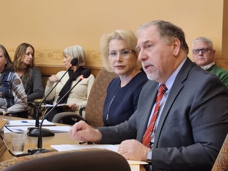 Don Millis and Ann Jacob, the former and current chairs of the Wisconsin Elections Commission, testify Tuesday, Feb. 4, at an Assembly hearing on a commission rule for election observers. (Photo by Erik Gunn/Wisconsin Examiner)