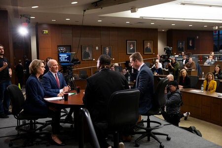 Wisconsin Supreme Court candidates Dane County Circuit Judge Susan Crawford, left, and Waukesha County Circuit Judge Brad Schimel, second from left, wait for the start of the WISN 12 Wisconsin Supreme Court debate March 12, 2025, at the Lubar Center at Marquette University Law School’s Eckstein Hall in Milwaukee, Wis. The contest has already eclipsed the record for spending in a state Supreme Court election set by Wisconsin in 2023. (Joe Timmerman / Wisconsin Watch)