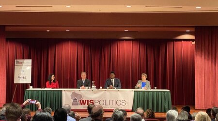 Wisconsin Supreme Court candidates (from left to right) Jennifer Dorow, Daniel Kelly, Everett Mitchell and Janet Protasiewicz appeared at a panel hosted by Wispolitics.com on Jan. 9. (Henry Redman | Wisconsin Examiner)