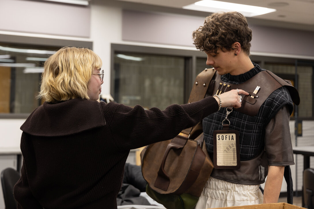 Sofia Morin embellishes her fashion designs by leather tooling accessories. Photo by Rachel Hallgrimson.