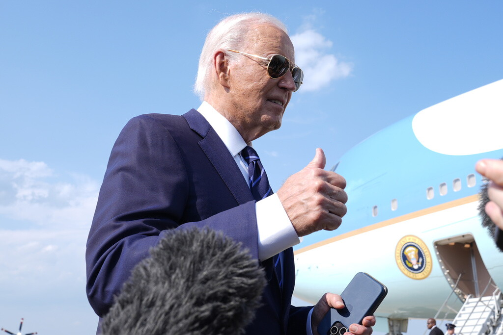 President Joe Biden speaks with reporters at Andrews Air Force Base, Md., Monday, July 15, 2024. as he heads to Las Vegas. (AP Photo/Susan Walsh)