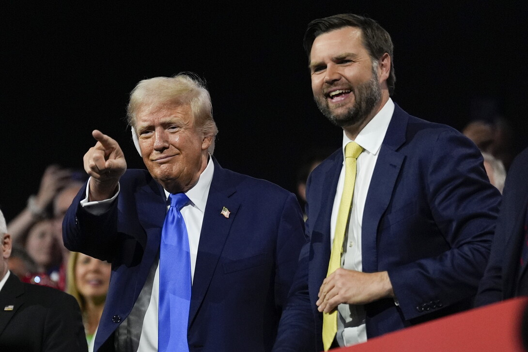 Republican presidential candidate former President Donald Trump and Republican vice presidential candidate Sen. JD Vance, R-Ohio, attend the 2024 Republican National Convention at the Fiserv Forum, Tuesday, July 16, 2024, in Milwaukee. (AP Photo/Carolyn Kaster)