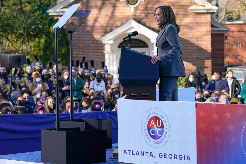 FILE - Vice President Kamala Harris speaks, Jan. 11, 2022, in Atlanta. With President Joe Biden having bowed out of the presidential race and endorsing Harris, their party is suddenly eyeing an expanding map, betting that a new burst of energy and fundraising surge has helped make Georgia, the state that delivered Biden his narrowest victory margin in 2020, a toss-up again. Harris is planning a show of political force on Tuesday, July 30, 2024, in Atlanta, the latest example of just how much the presidentia