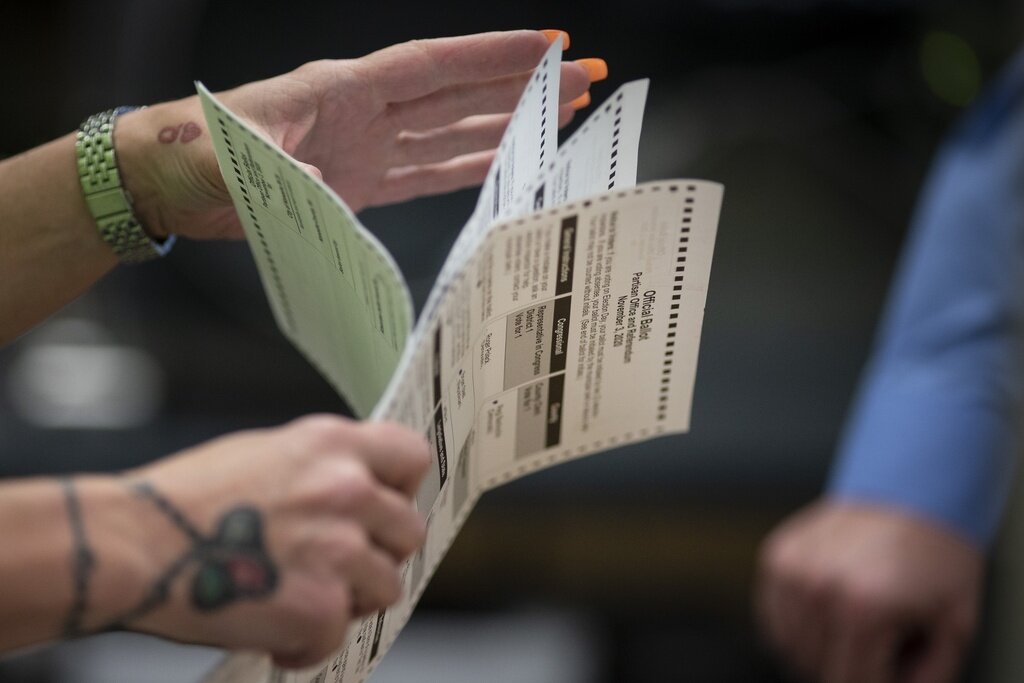 FILE - Poll workers sort out ballots at the Kenosha Municipal building on Election Day, Nov. 3, 2020, in Kenosha, Wis. A judge refused Thursday, Aug. 1, 2024, hold his ruling allowing disabled people in Wisconsin to be emailed absentee ballots. (AP Photo/Wong Maye-E, File)