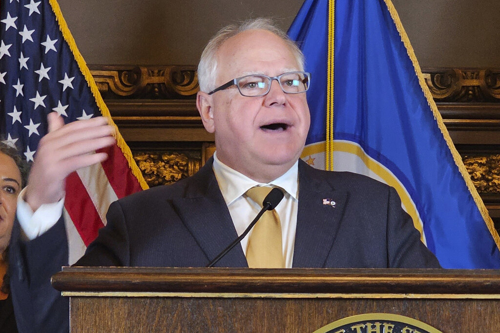 FILE - Democratic Minnesota Gov. Tim Walz speaks at a news conference at the Minnesota State Capitol in St. Paul, Aug. 16, 2023. (AP Photo/Steve Karnowski, File)