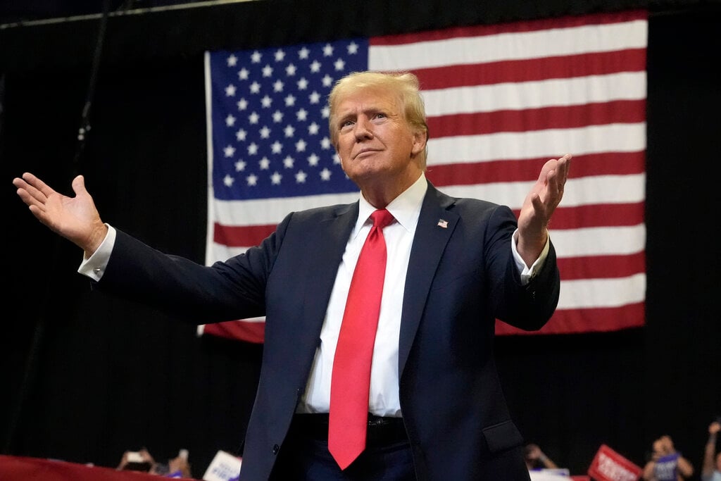 Republican presidential nominee former President Donald Trump arrives to speak at a campaign rally in Bozeman, Mont., Friday, Aug. 9, 2024. (AP Photo/Rick Bowmer)