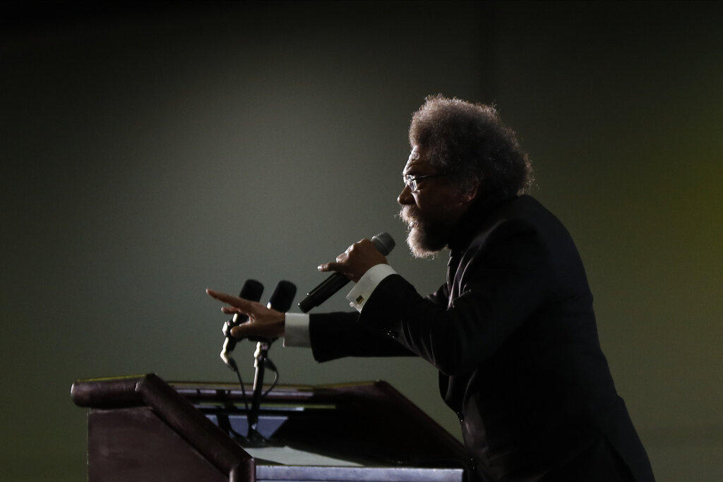 FILE - Cornel West speaks at a campaign rally for Sen. Bernie Sanders, I-Vt., in Detroit, March 6, 2020. (AP Photo/Paul Sancya, File)