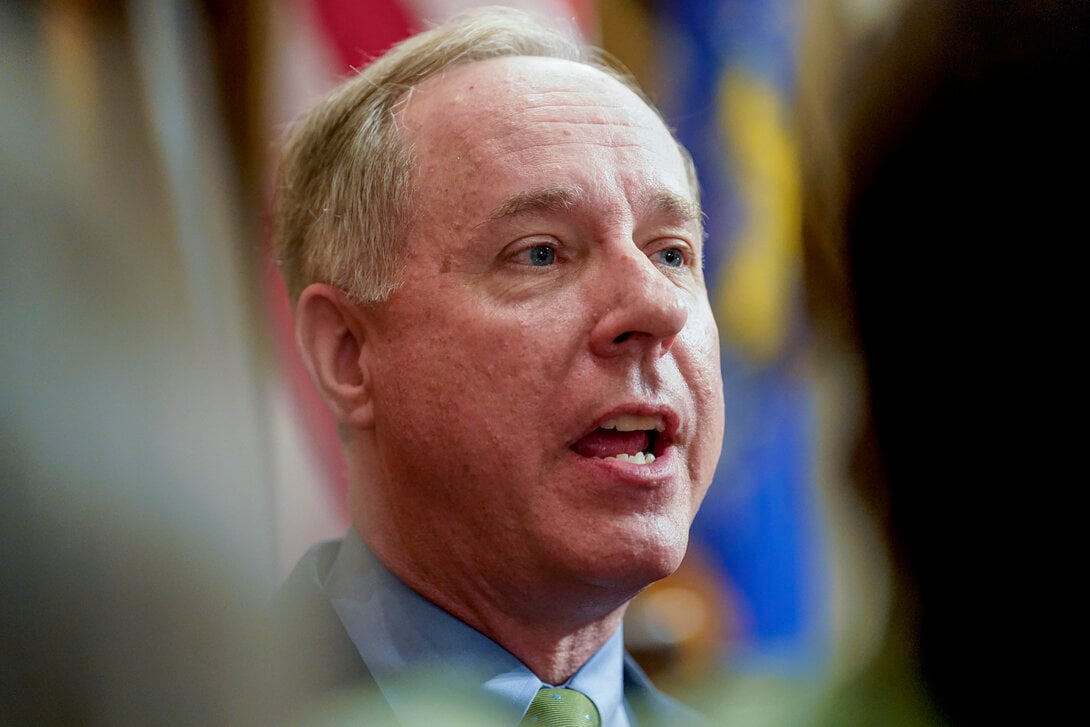 FILE - Wisconsin's Republican Assembly Speaker Robin Vos talks to reporters at the state Capitol, Feb. 15, 2022, in Madison, Wis. (AP Photo/Andy Manis, File)