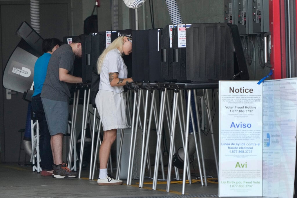 FILE - Voters cast their ballots in Florida's primary election, Tuesday, Aug. 20, 2024, at a polling place inside the Indian Creek Fire Station in Miami Beach, Fla. (AP Photo/Wilfredo Lee, File)