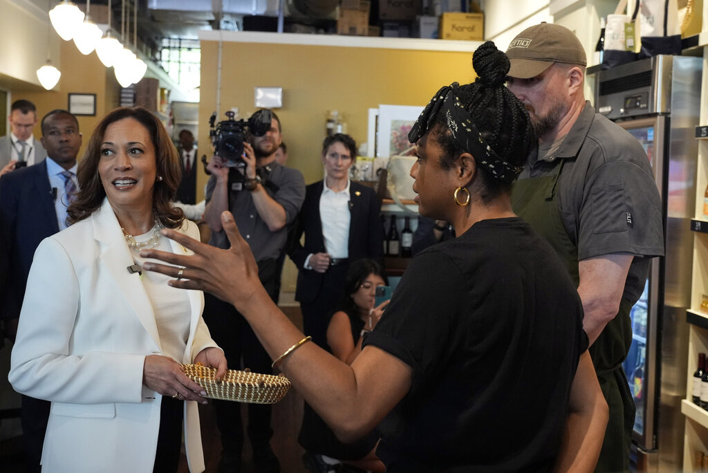 Democratic presidential nominee Vice President Kamala Harris talks during a stop at Dottie's Market in Savannah, Ga., Thursday, Aug. 29, 2024. (AP Photo/Jacquelyn Martin)