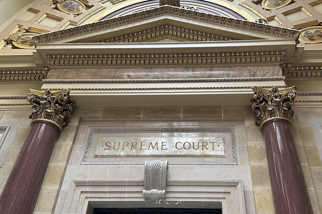 FILE - The entrance to the Wisconsin Supreme Court chambers is seen inside the state Capitol in Madison, Wis., March 14, 2024. (AP Photo/Todd Richmond, File)