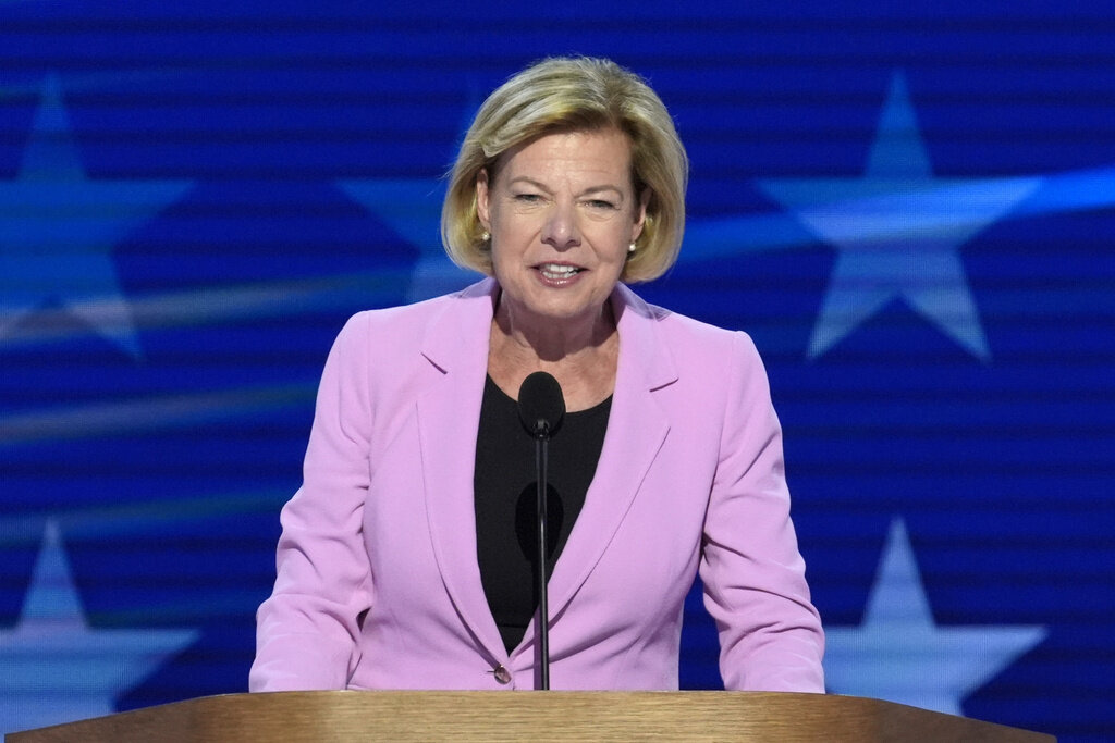 FILE - Sen. Tammy Baldwin, D-Wis., speaks during the Democratic National Convention Thursday, Aug. 22, 2024, in Chicago. (AP Photo/J. Scott Applewhite, File)