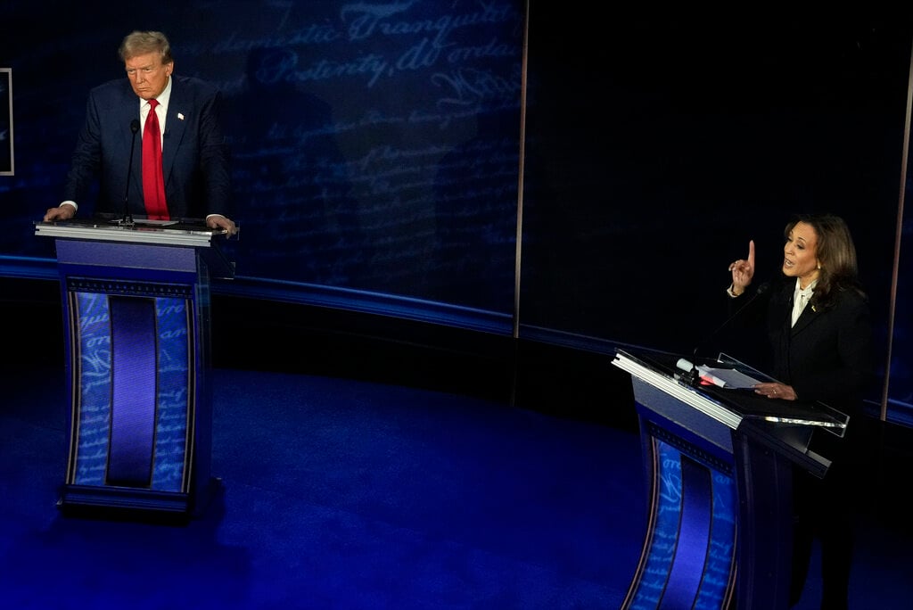 Republican presidential nominee former President Donald Trump and Democratic presidential nominee Vice President Kamala Harris participate during an ABC News presidential debate at the National Constitution Center, Tuesday, Sept.10, 2024, in Philadelphia. (AP Photo/Alex Brandon)