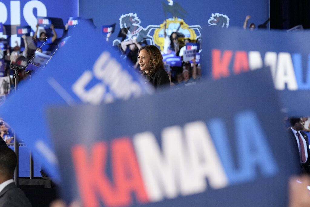 Democratic presidential nominee Vice President Kamala Harris speaks during a campaign event, Friday, Sept. 13, 2024, Wilkes-Barre, Pa. (AP Photo/Jacquelyn Martin)