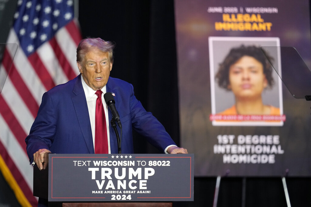 Republican presidential nominee former President Donald Trump speaks during a campaign event, Saturday, Sept. 28, 2024, in Prairie du Chien, Wis. (AP Photo/Charlie Neibergall)