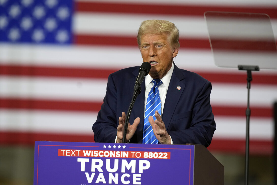 Republican presidential nominee former President Donald Trump speaks at a campaign event at Dane Manufacturing, Tuesday, Oct. 1, 2024, in Waunakee, Wis. (AP Photo/Charlie Neibergall)