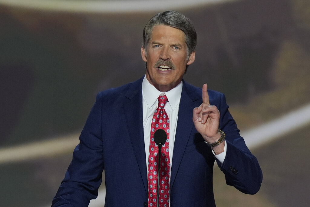 FILE - Eric Hovde speaks during the Republican National Convention, July 16, 2024, in Milwaukee. (AP Photo/J. Scott Applewhite, File)