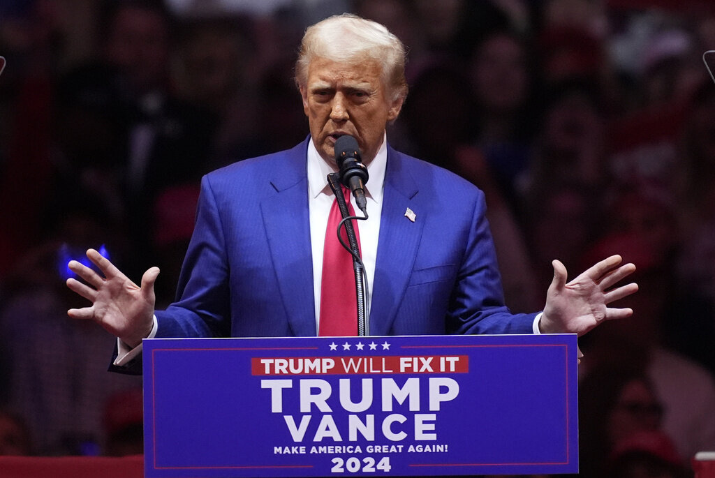 Republican presidential nominee former President Donald Trump speaks at a campaign rally at Madison Square Garden, Sunday, Oct. 27, 2024, in New York. (AP Photo/Evan Vucci)