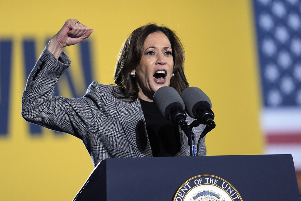 Democratic presidential nominee Vice President Kamala Harris speaks at a campaign event in Burns Park Monday, Oct. 28, 2024, in Ann Arbor, Mich. (AP Photo/Paul Sancya)