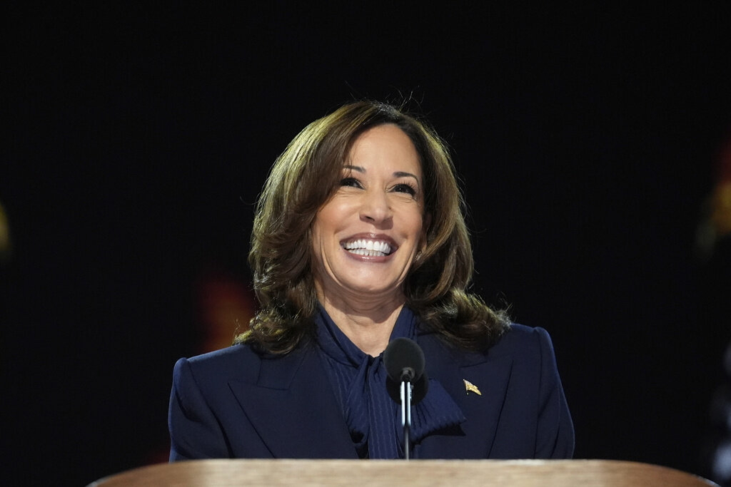 ILE – Vice President Kamala Harris, the Democratic presidential nominee, speaks at the 2024 Democratic National Convention, Aug. 22, 2024 in Chicago. (AP Photo/Paul Sancya, File)