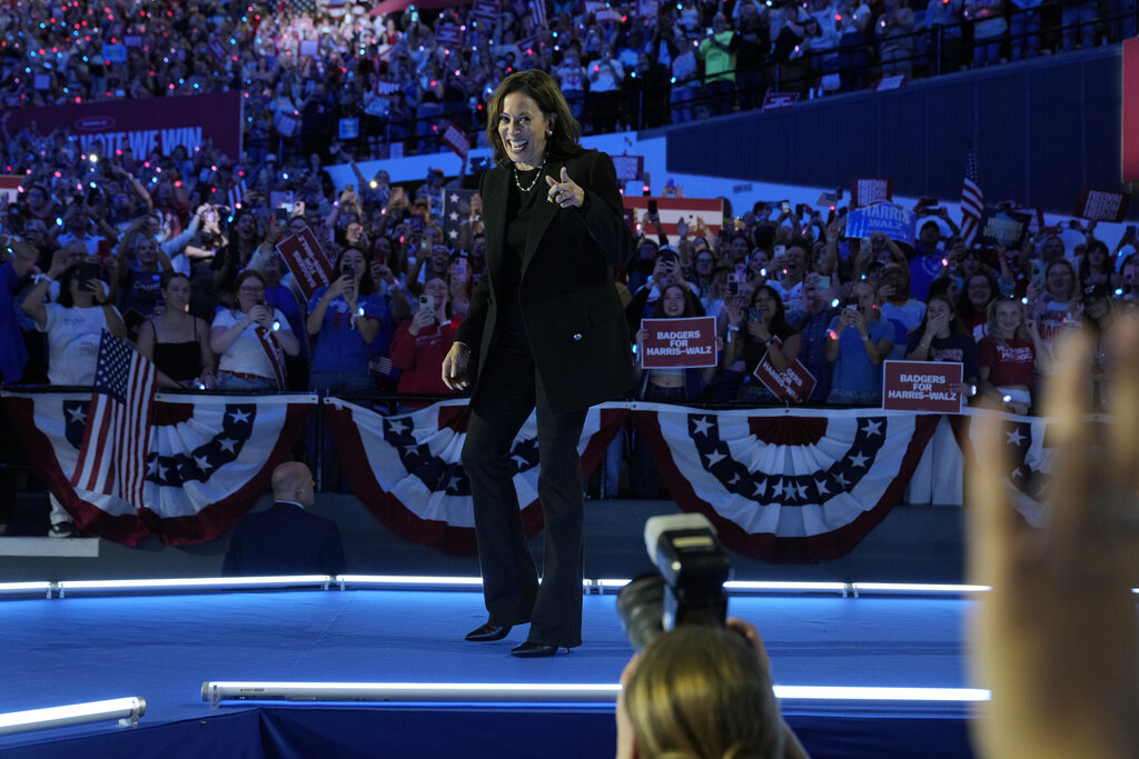 Democratic presidential nominee Vice President Kamala Harris speaks during a campaign rally at the Alliant Energy Center in Madison, Wis., Wednesday, Oct. 30, 2024. (AP Photo/Jacquelyn Martin)