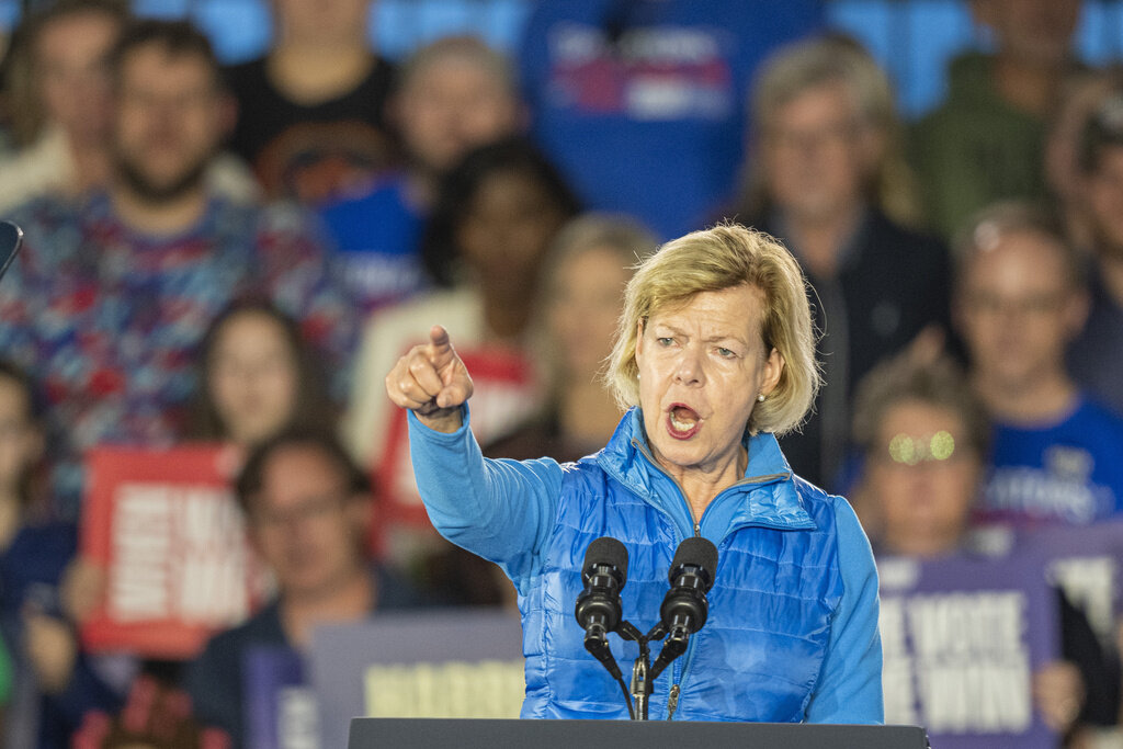 Sen. Tammy Baldwin, D-Wis., speaks at a campaign event for Democratic presidential nominee Vice President Kamala Harris, Friday, Nov. 1, 2024, in Little Chute, Wis. (AP Photo/Andy Manis)