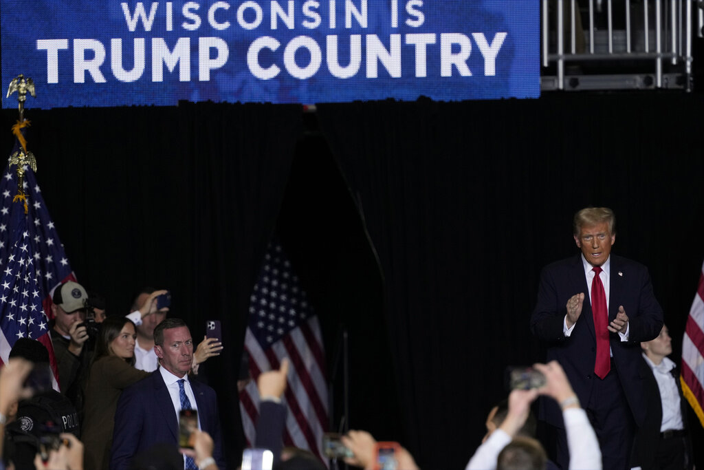 Republican presidential nominee former President Donald Trump arrives at a campaign event Friday, Nov. 1, 2024, in Milwaukee. (AP Photo/Morry Gash)