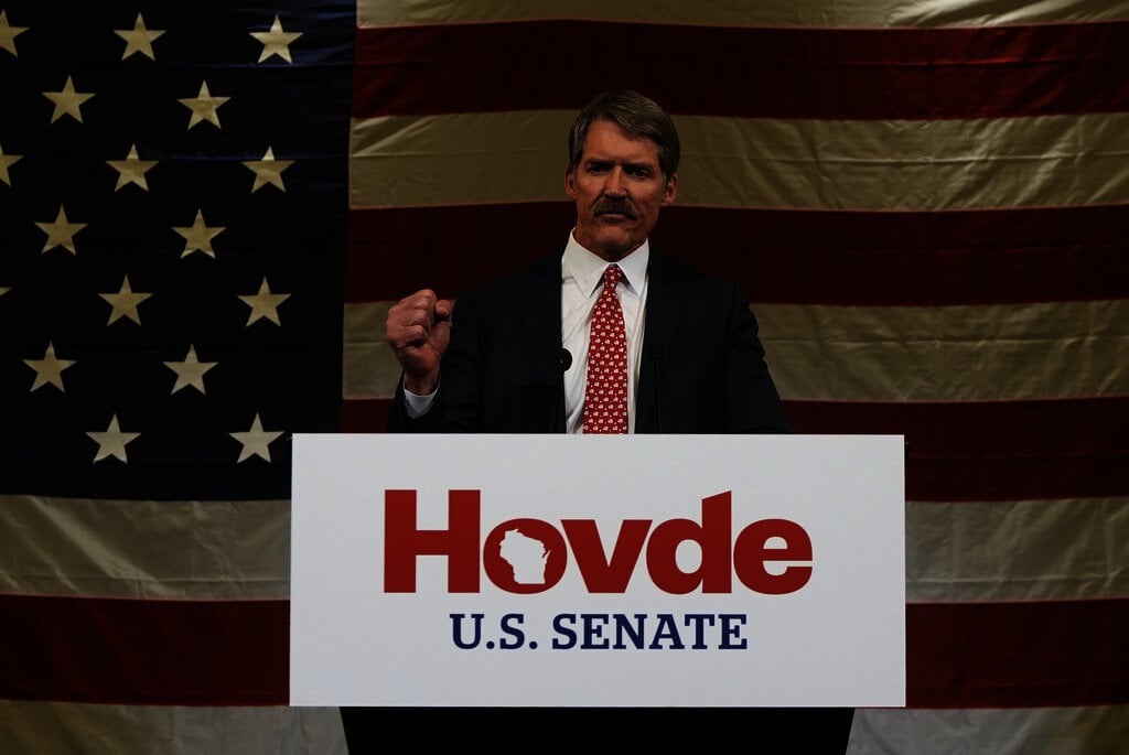 Republican Senate candidate Eric Hovde speaks at his election night party Wednesday, Nov. 6, 2024, in Madison, Wis. (AP Photo/Morry Gash)