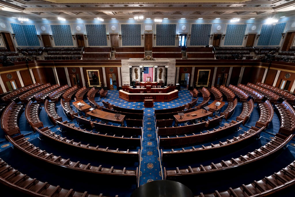 FILE - The chamber of the House of Representatives is seen at the Capitol in Washington, Feb. 28, 2022. In the 2024 elections, Republicans have won enough seats to control the U.S. House, completing the party's sweep into power and securing their hold on U.S. government alongside President-elect Donald Trump. (AP Photo/J. Scott Applewhite, File)