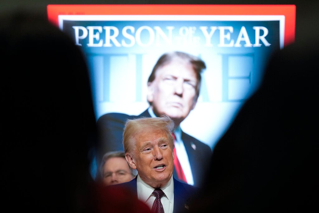 President-elect Donald Trump speaks during a Time magazine Person of the Year event at the New York Stock Exchange, Thursday, Dec. 12, 2024, in New York. (AP Photo/Alex Brandon)