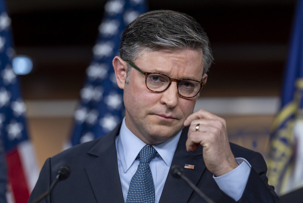 Speaker of the House Mike Johnson, R-La., speaks to reporters at the Capitol in Washington, Tuesday, Dec. 17, 2024. (AP Photo/J. Scott Applewhite)